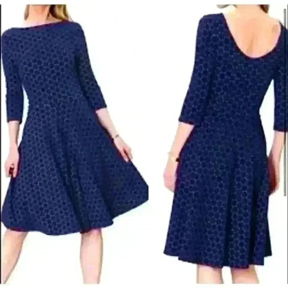 Leota Dresses & Skirts - Leota Sz S Seraphine Jacquard Dress Blue Stretch 3/4 Slv Ballet Core Fit & Flare